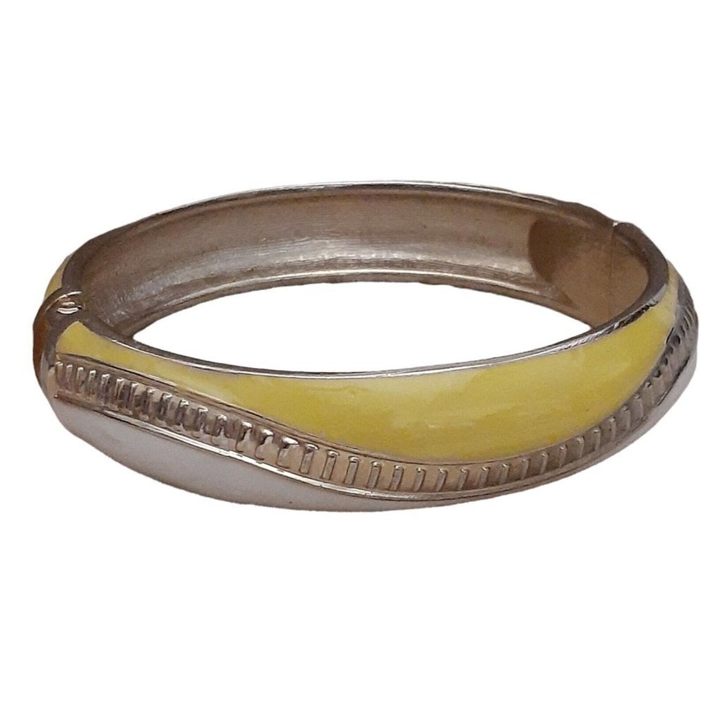 VTG Enameled Magnetic Clamper Bracelet Yellow White Railroad Track Curve Design